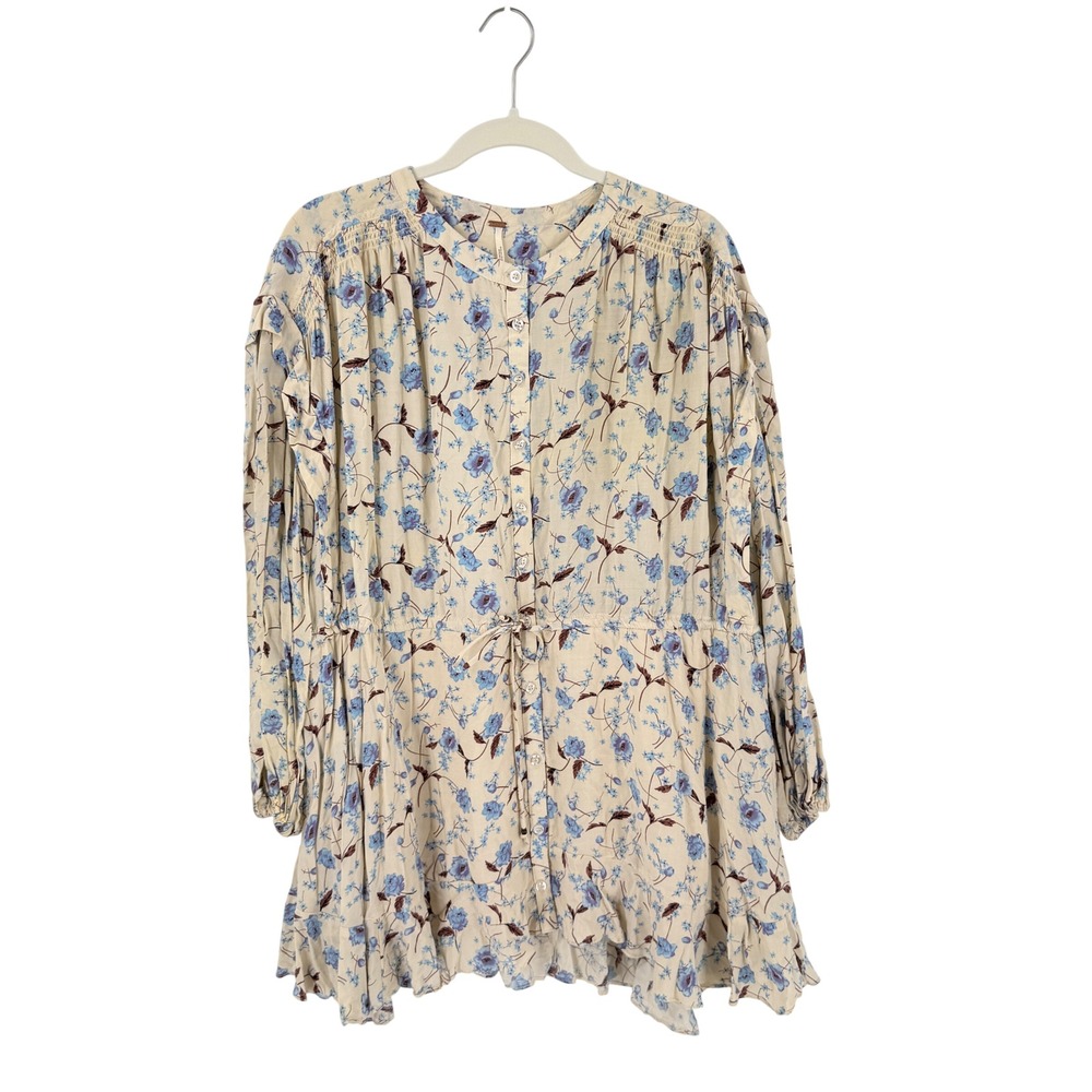 Free People Floral Mini Dress Cream Blue Small Boho Cottagecore Tunic‎ Peasant